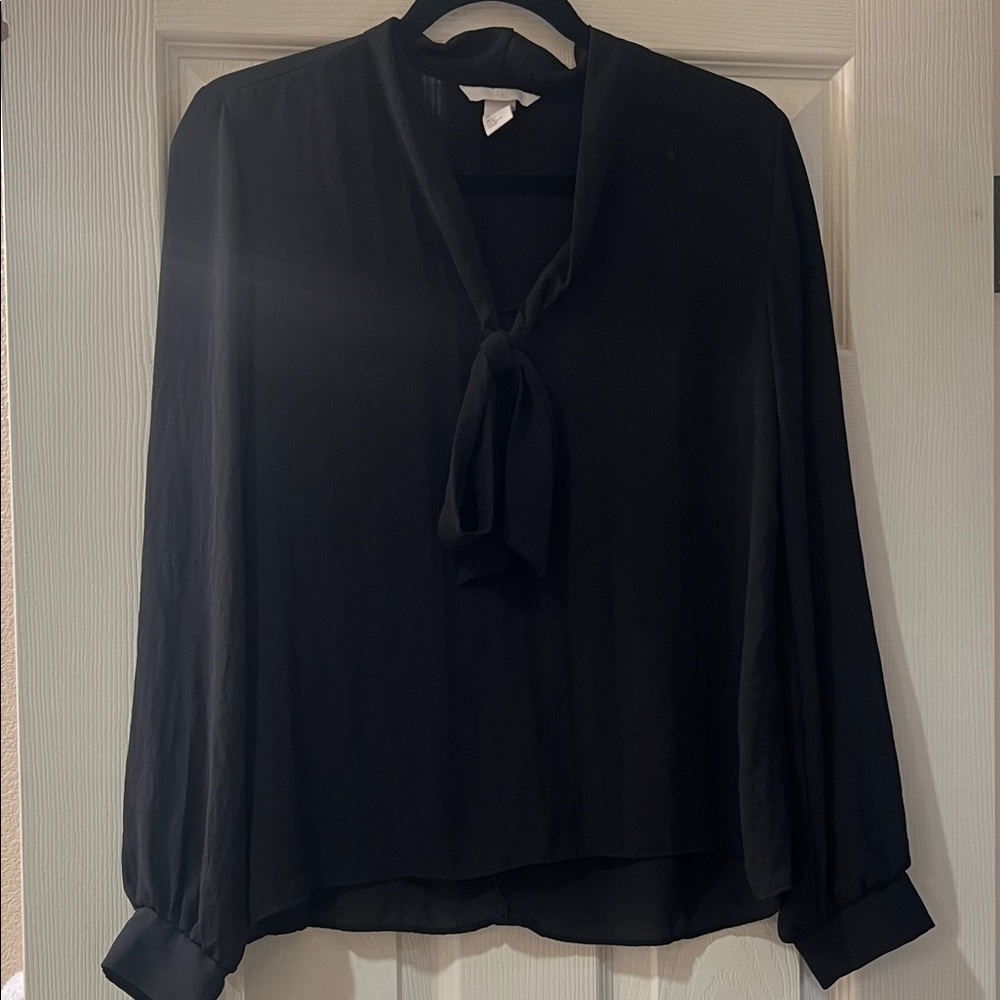 H&M Classic Sheer Black Tie-Neck Blouse